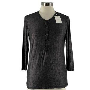 NWT Majestic Filatures Deluxe Teeshirt Metallic Black 3/4 Sleeve Henley Top 3/L